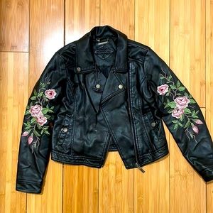 Kids Faux Leather Jacket With Floral Detail